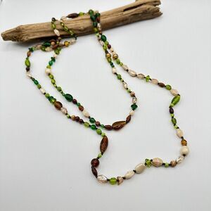 70s Vintage Multi Colored Glass & Wood Bead 60 inch Necklace